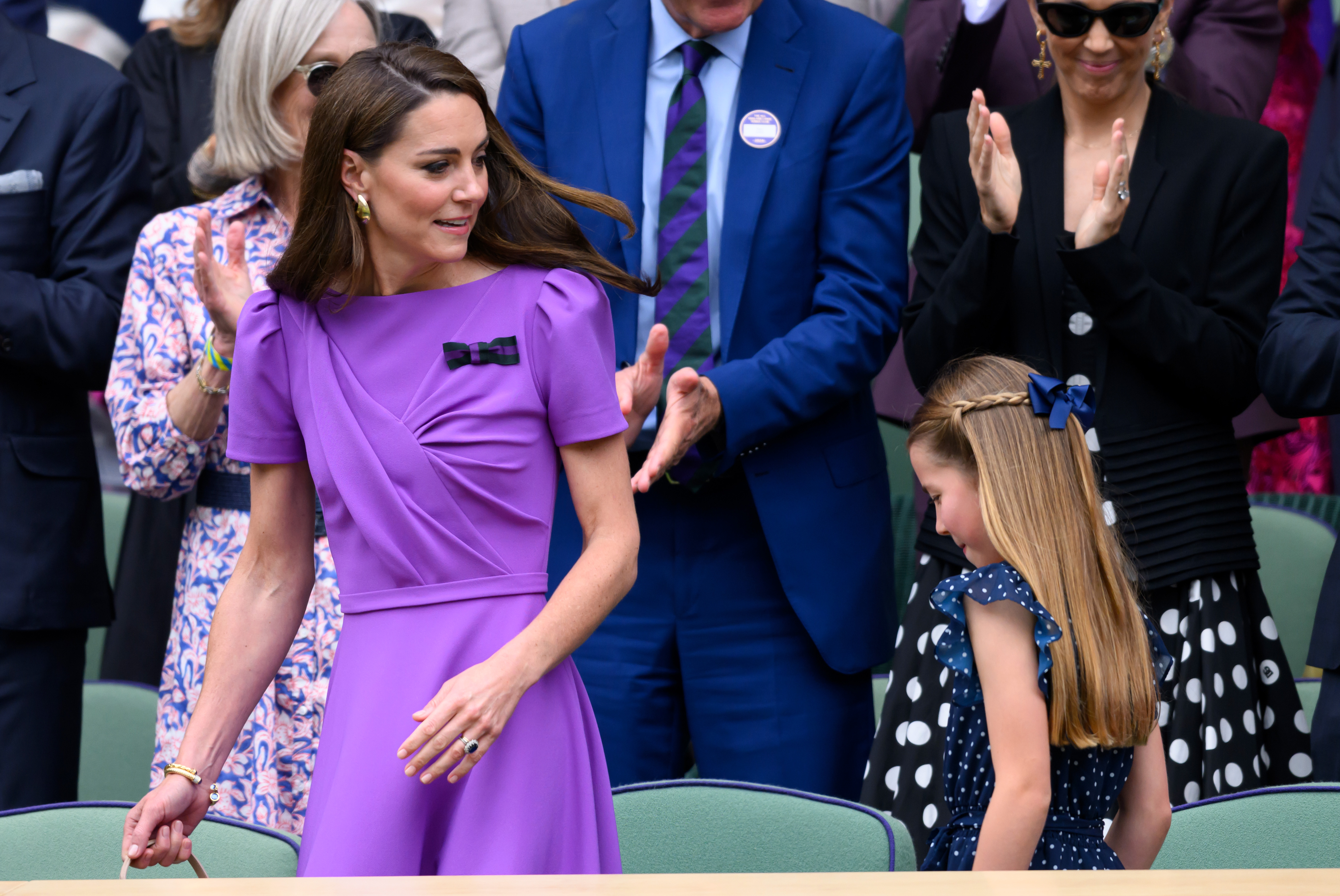 Kate Middleton and Princess Charlotte court-side of Centre Court during the Wimbledon Tennis Championships on July 14, 2024, in London, England. | Source: Getty Images