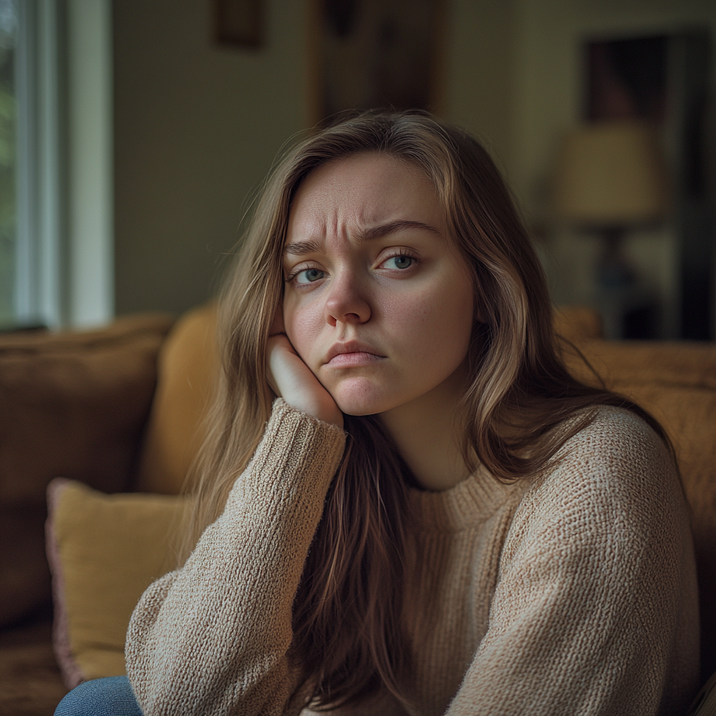 An exhausted and upset woman sitting at home | Source: Midjourney