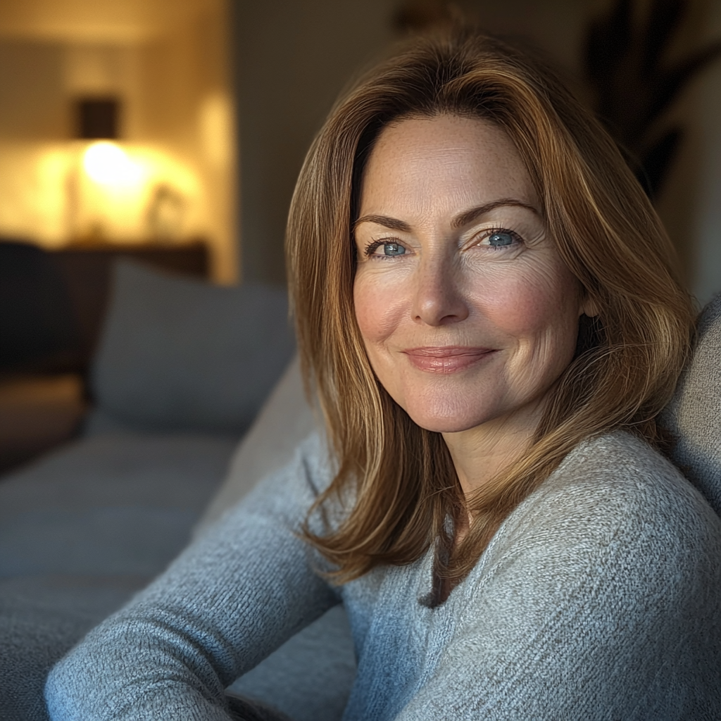 A smiling woman sitting on a couch | Source: Midjourney