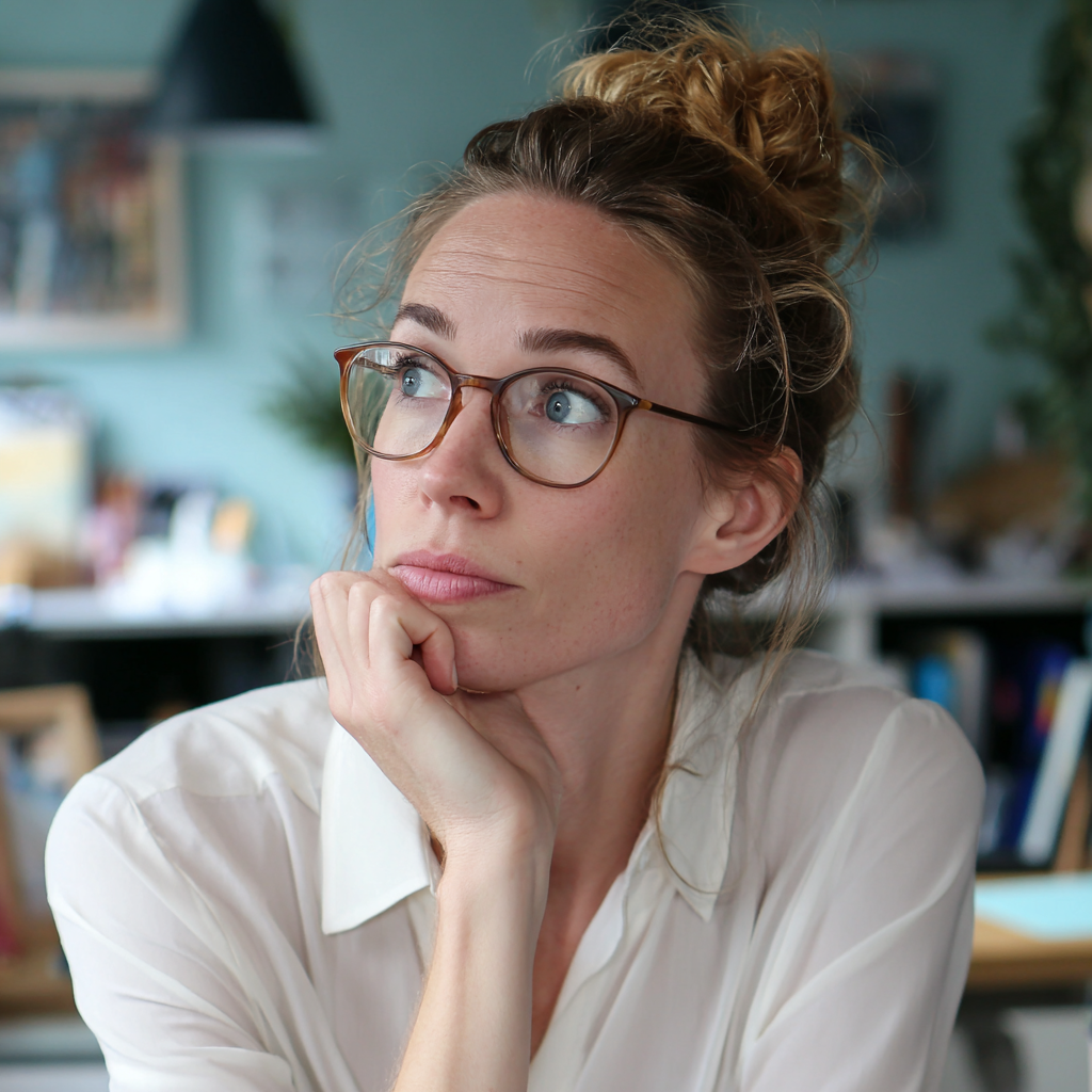 A pensive woman sitting at her desk | Source: Midjourney