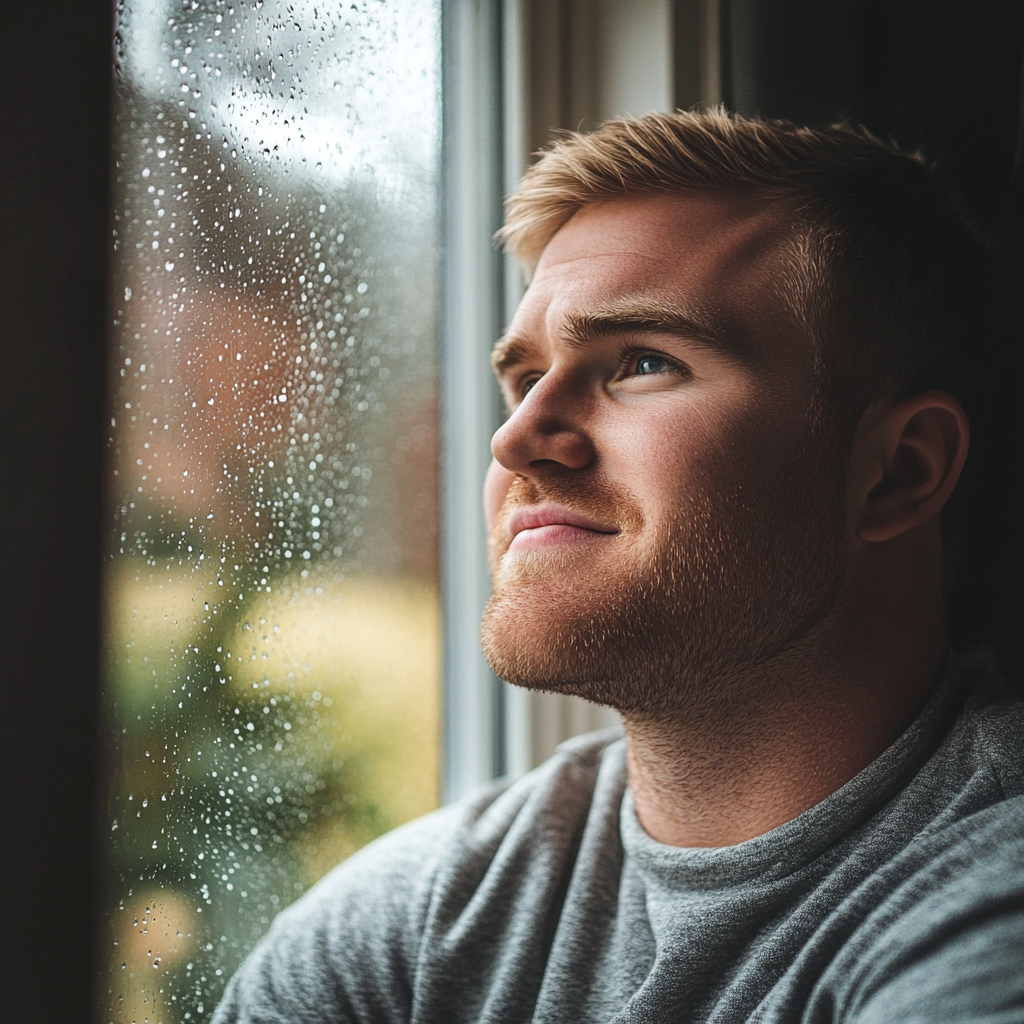 A man looking out the window while it's raining | Source: Midjourney