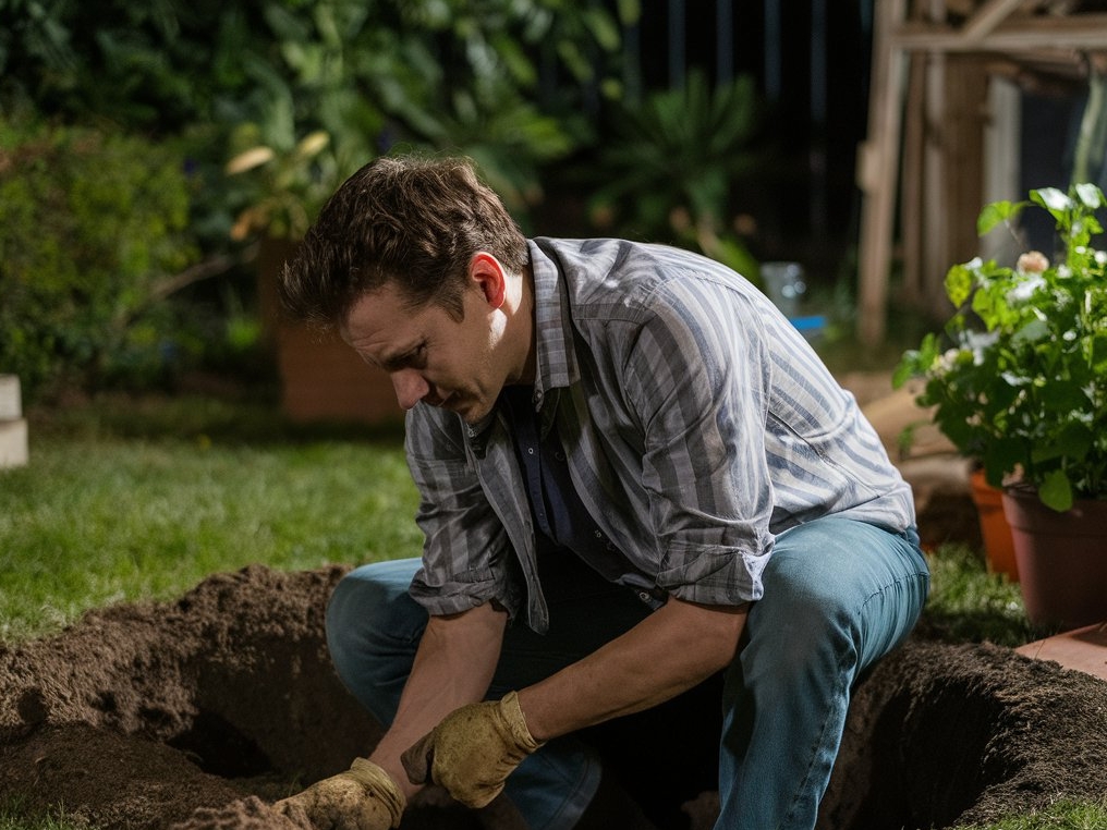 A man digging deeper into a hole in a garden | Source: Midjourney