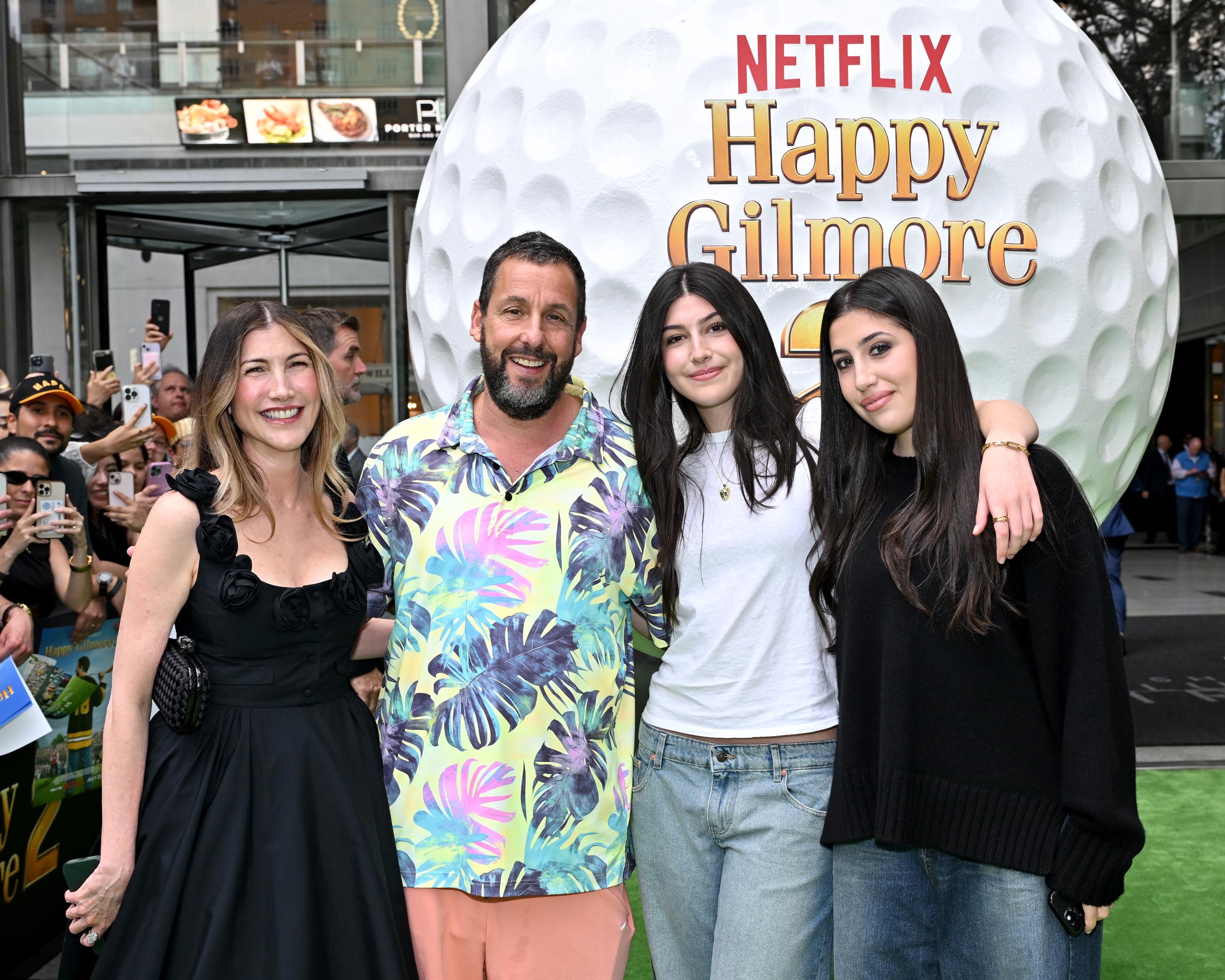 Jackie and Adam Sandler with their daughters, Sunny and Sadie Sandler, at the "Happy Gilmore 2" world premiere at Jazz at Lincoln Center on July 21, 2025, in New York. | Source: Getty Images