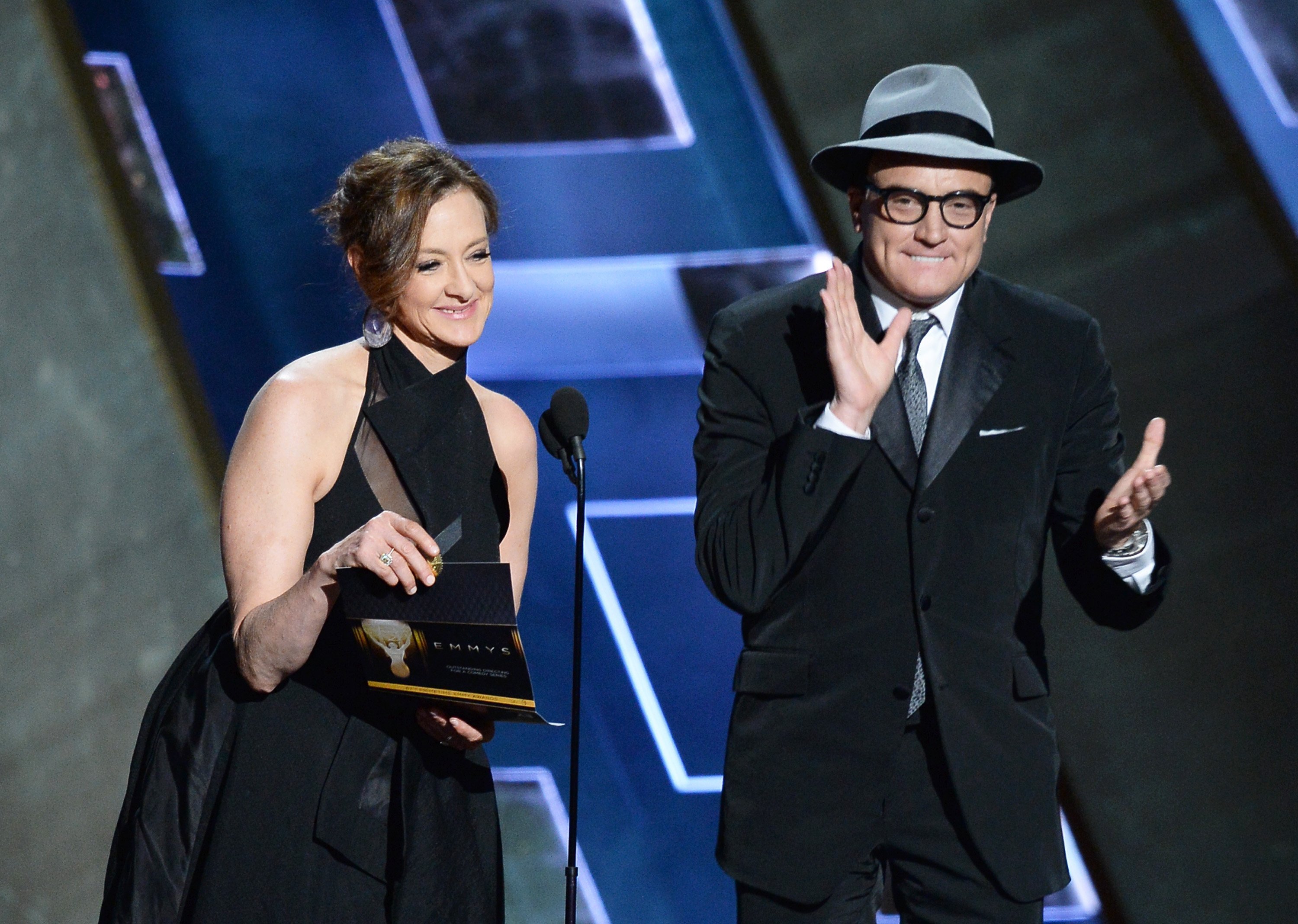 Joan Cusack (L) and actor Bradley Whitford speak onstage during the 67th Annual Primetime Emmy Awards at Microsoft Theater on September 20, 2015 | Photo: Getty Images
