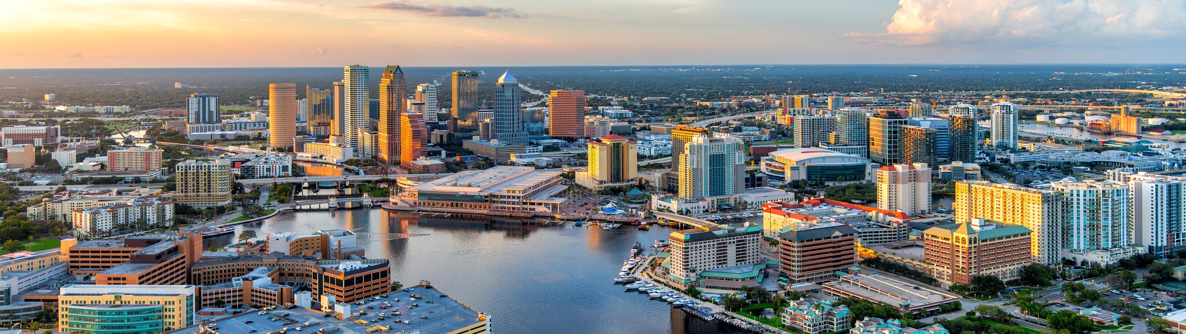 Aerial view of the skyline of downtown Tampa, Florida shot via helicopter from an altitude of about 800 feet. | Source: Getty Images