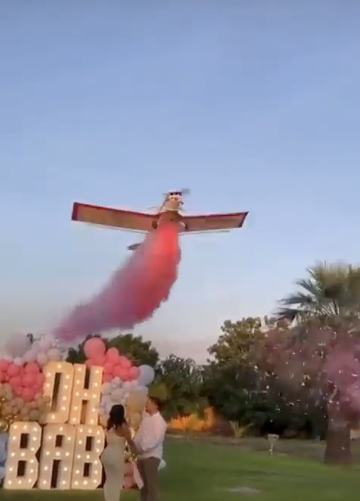 The Piper PA-25-235 Pawnee aircraft releases pink powder on the couple | Source: twitter.com/NRNoticiasSIN
