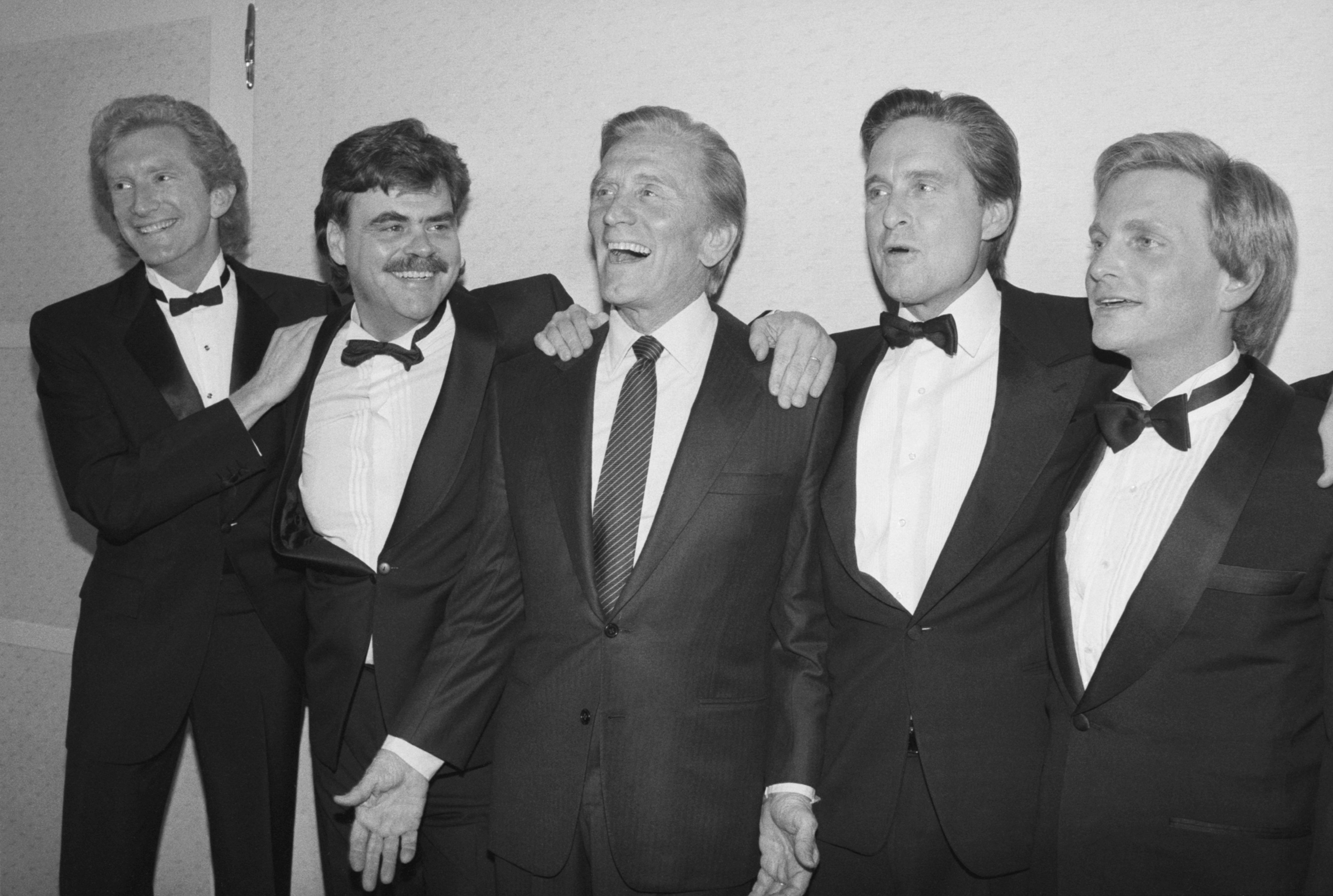 Kirk Douglas posing with his four sons during a gala evening at the Majestic Theatre in Manhattan from left to right Peter, Joel, Michael and Eric. | Source: Getty Images