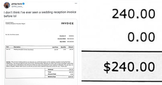 The $240 invoice a newlywed couple sent to guests who were no-shows at their wedding | Photo: Twitter/Phil_Lewis_