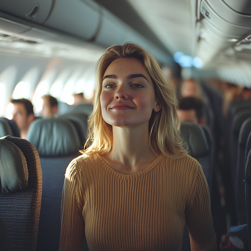 A proud and happy woman walking to her airplane seat | Source: Midjourney