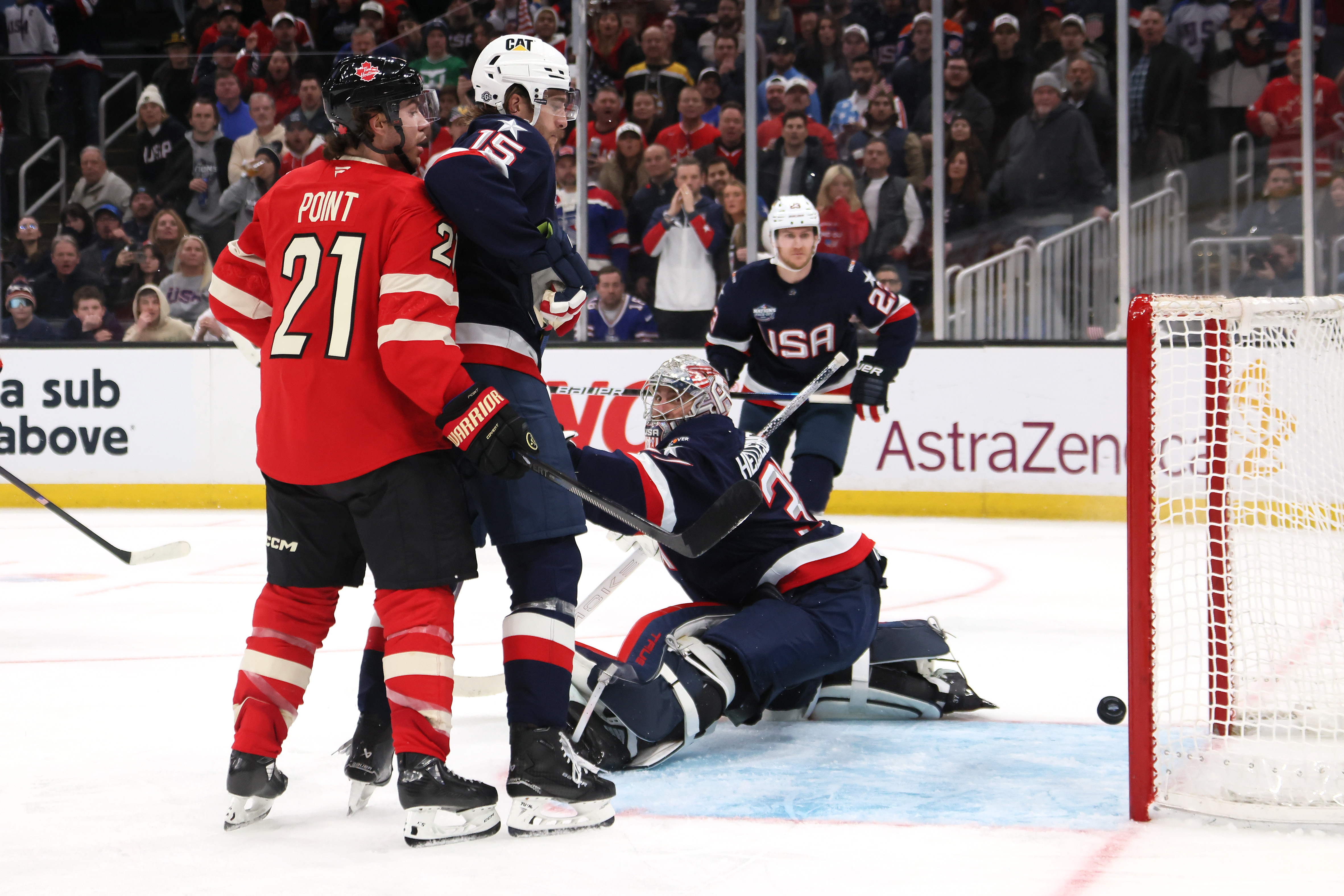 Connor Hellebuyck #37 of Team United States gives up the game winning goal to Connor McDavid #97 of Team Canada in overtime on February 20, 2025 | Source: Getty Images