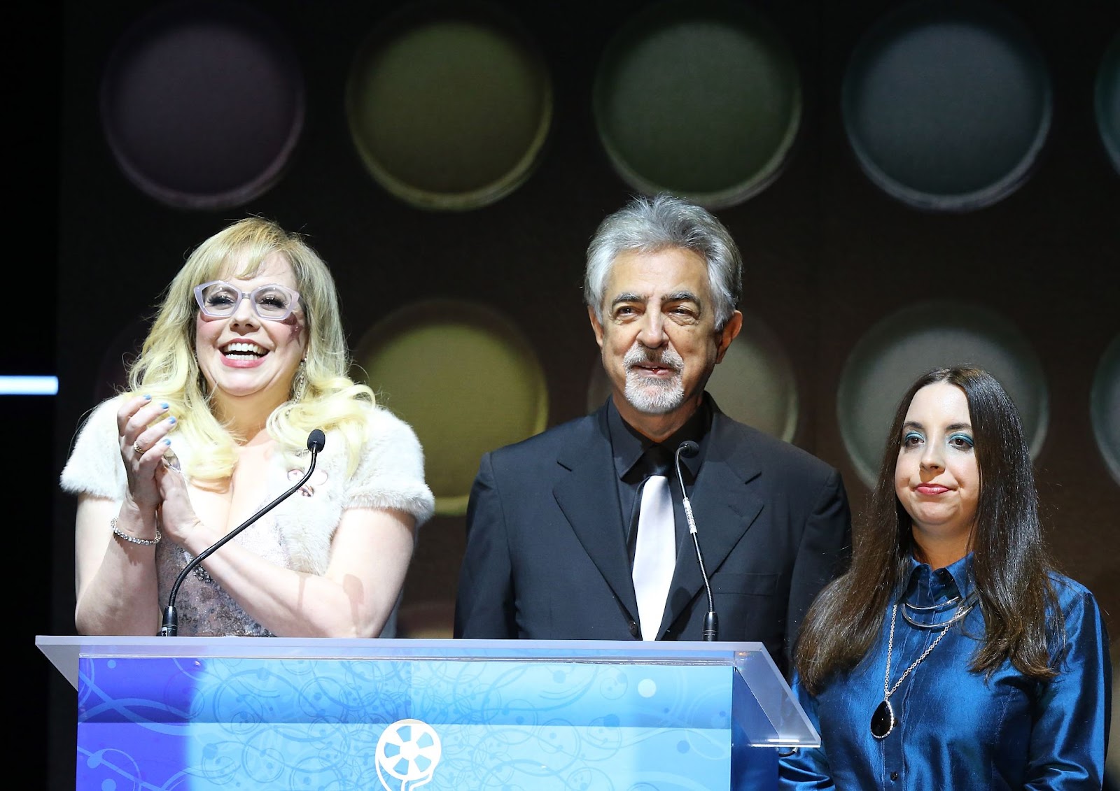 Actress Kirsten Vangsness with Joe and Mia Mantegna onstage during the 2018 Make-Up Artists and Hair Stylists Guild Awards on February 24, 2018, in Los Angeles, California. | Source: Getty Images