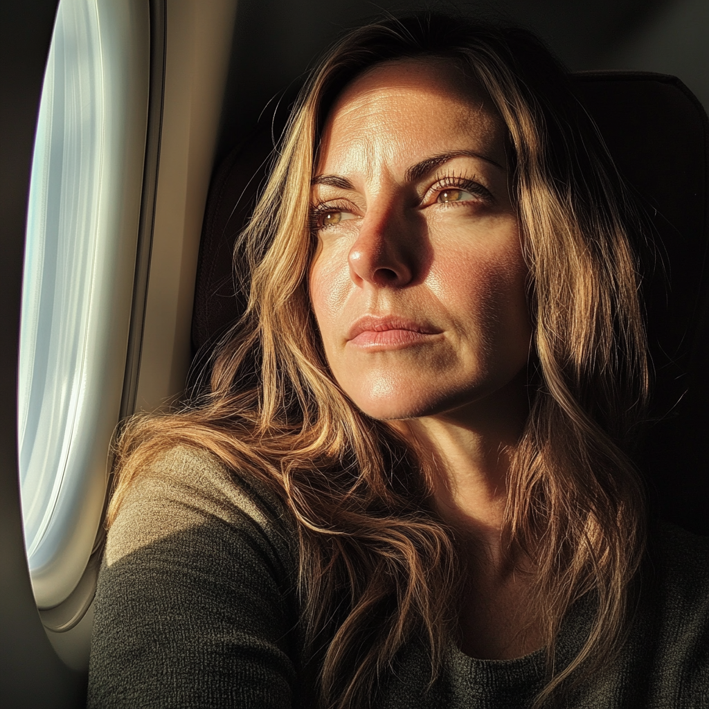 A woman sitting in an airplane | Source: Midjourney