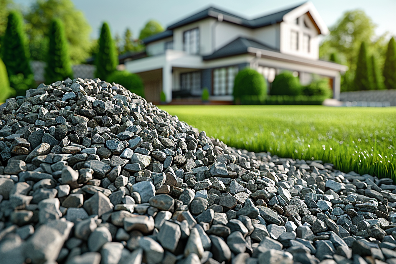 Pile of gravel dumped on a lush green lawn | Source: Midjourney