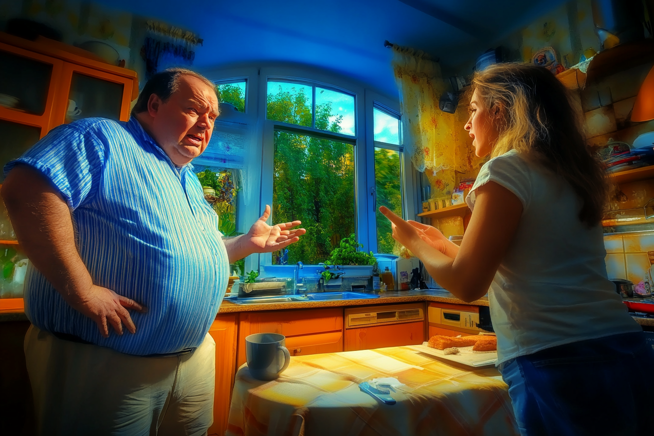 A woman speaking to a man in her kitchen | Source: Midjourney