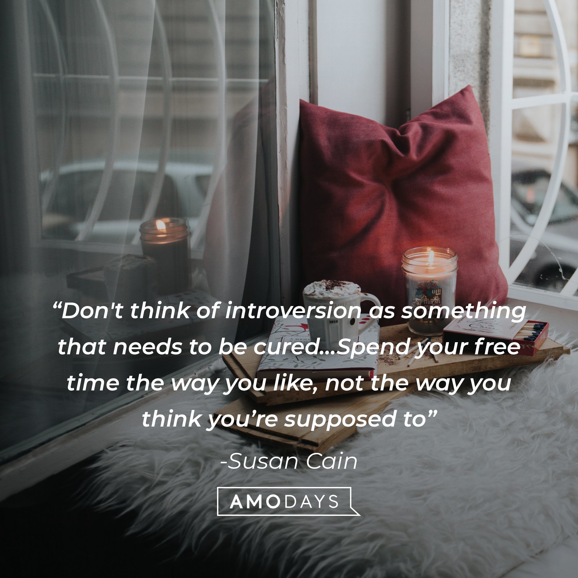 Susan Cain's quote: “Don’t think of introversion as something that needs to be cured… Spend your free time the way you like, not the way you think you’re supposed to.” | Image: AmoDays