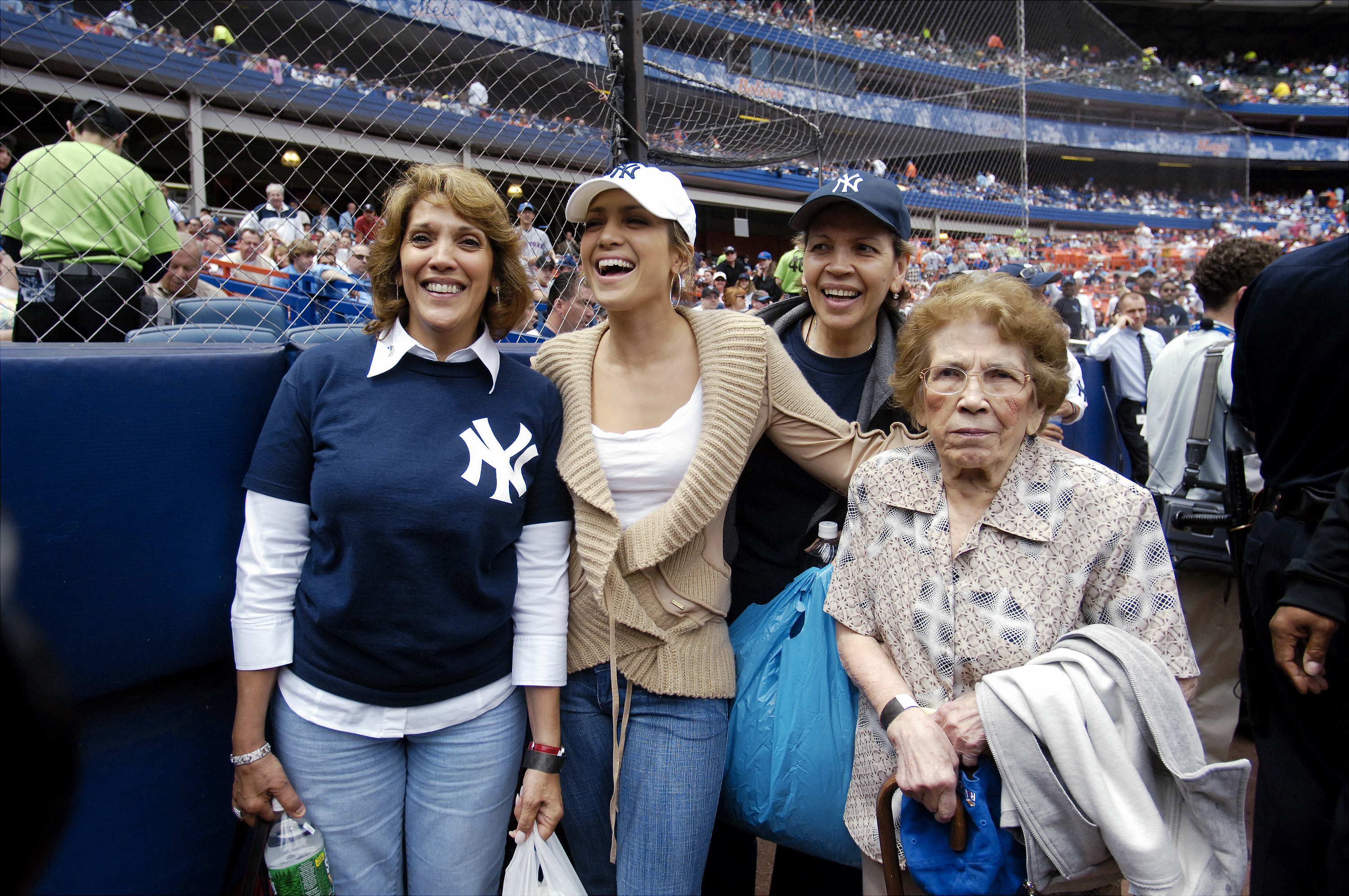 Jennifer Lopez (2nd left) takes mom Guadalupe, her cousin and her grandmother (l. to r.) to Shea Stadium, on May 21, 2005. | Source: Getty Images