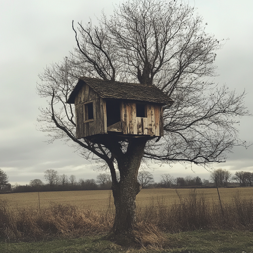 An old treehouse in a field | Source: Midjourney