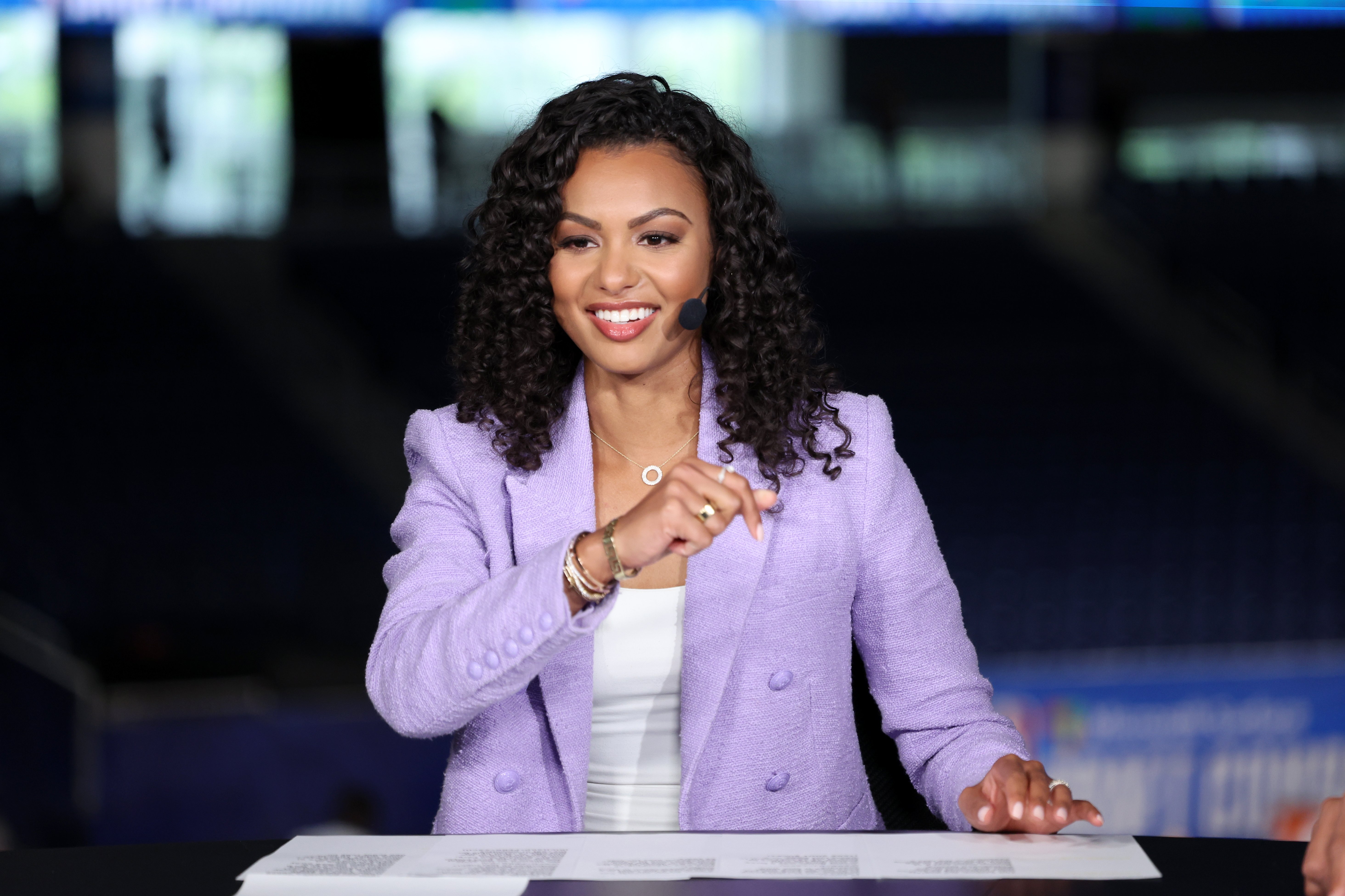 Malika Andrews is pictured as she roports on the 2022 NBA Draft Combine on May 18, 2022, at Wintrust Arena in Chicago, Illinois | Source: Getty Images
