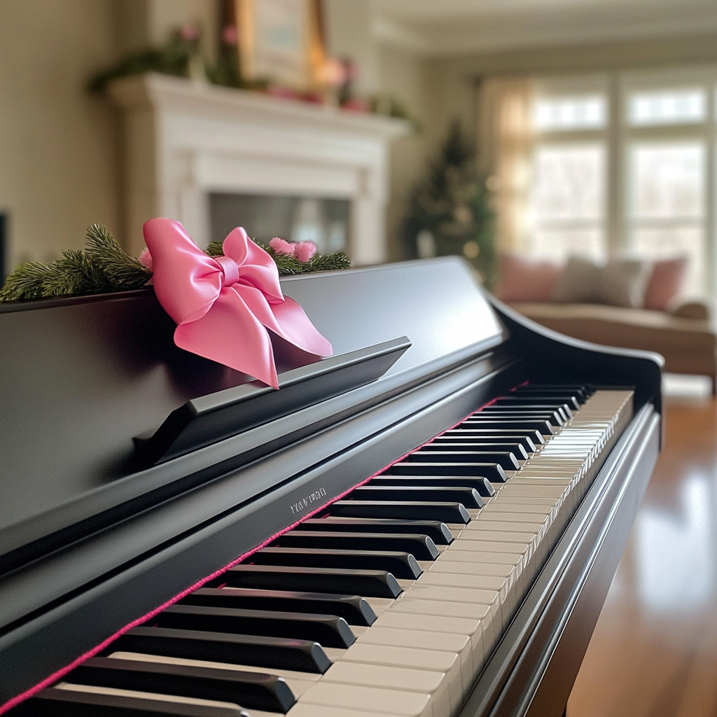 A keyboard with a pink bow | Source: Midjourney