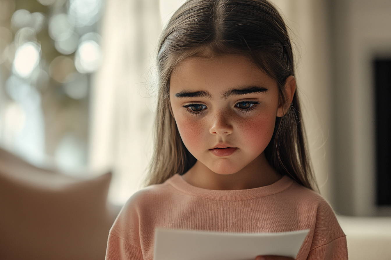 A little girl looking at a piece of paper | Source: Midjourney