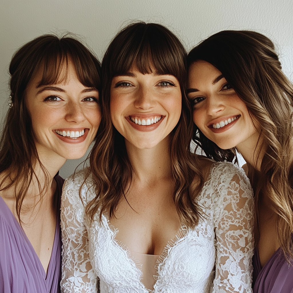 A smiling bride with her bridesmaids | Source: Midjourney