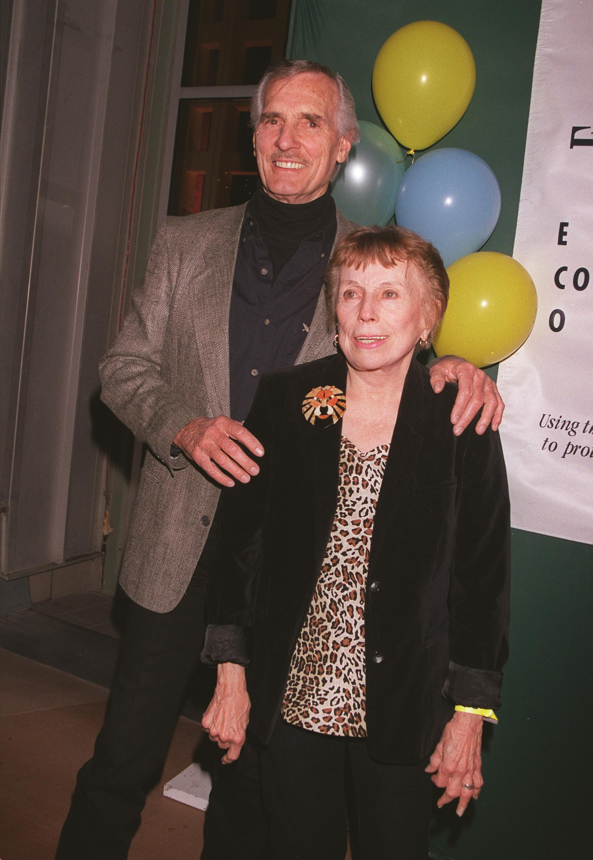 Dennis Weaver and his wife pose at the premiere of "Why Are We Here?" the Public Awareness Campaign on November 15, 2000 in Los Angeles, California. / Source: Getty Images