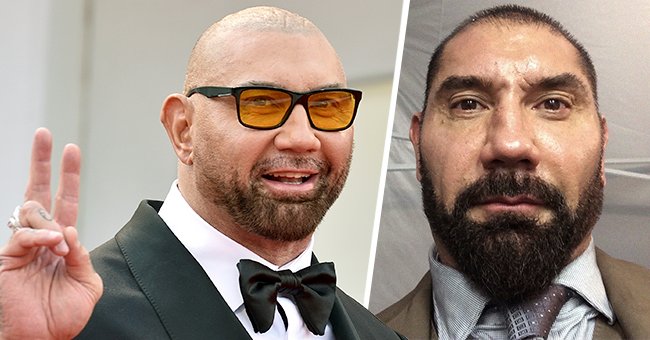 Dave Bautista at the 78th Venice International Film Festival, 2021 (left); a selfie he shared on Twitter (right). | Photo: Getty Images | twitter.com/DaveBautista