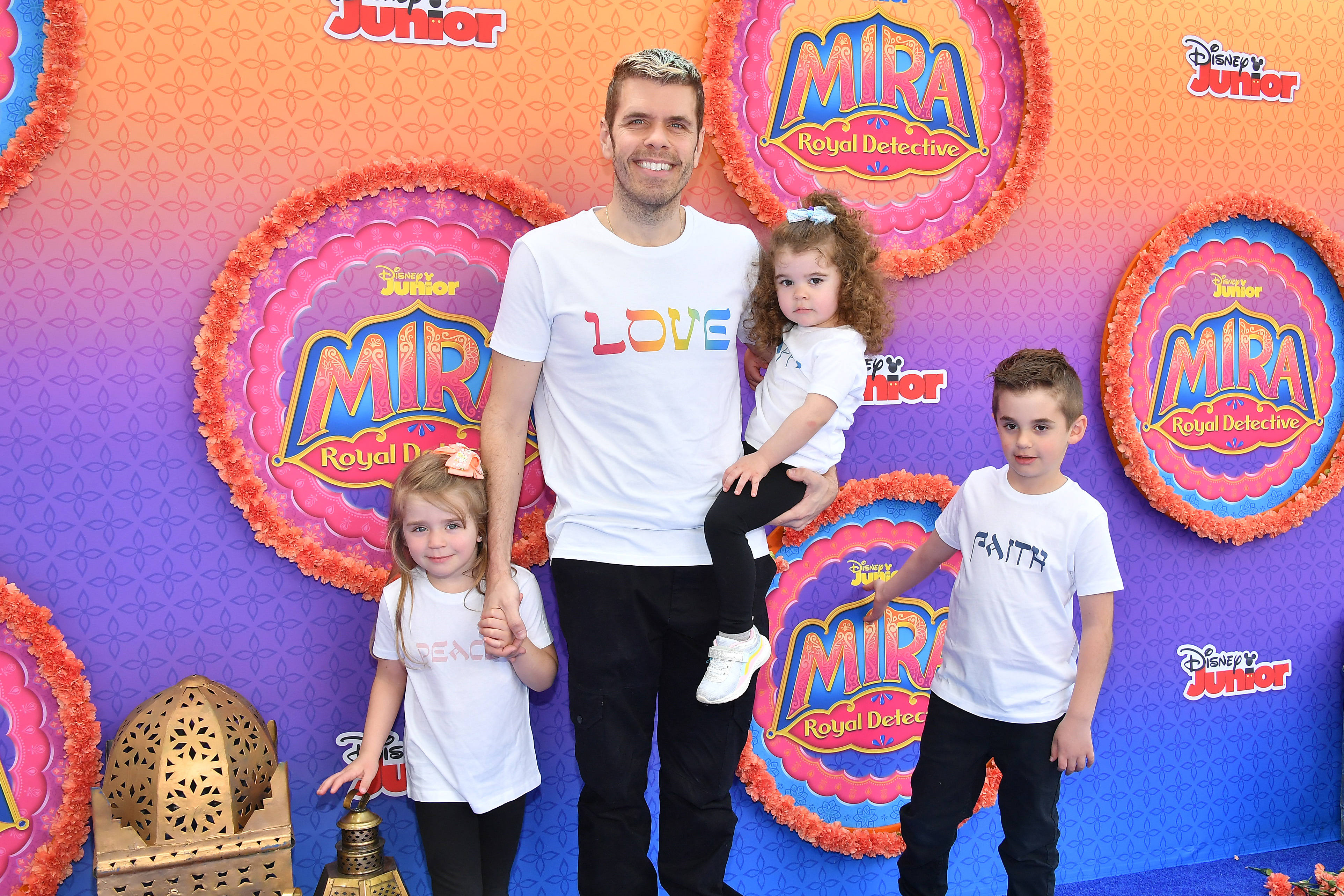 Perez Hilton and his children attend the premiere of Disney Junior's "Mira, Royal Detective" at Walt Disney Studios Main Theater on March 07, 2020 in Burbank, California. | Source: Getty Images
