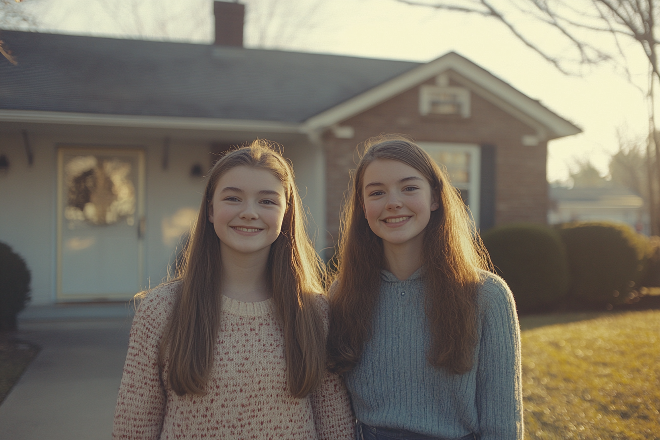 Two sisters standing outside their house | Source: Midjourney