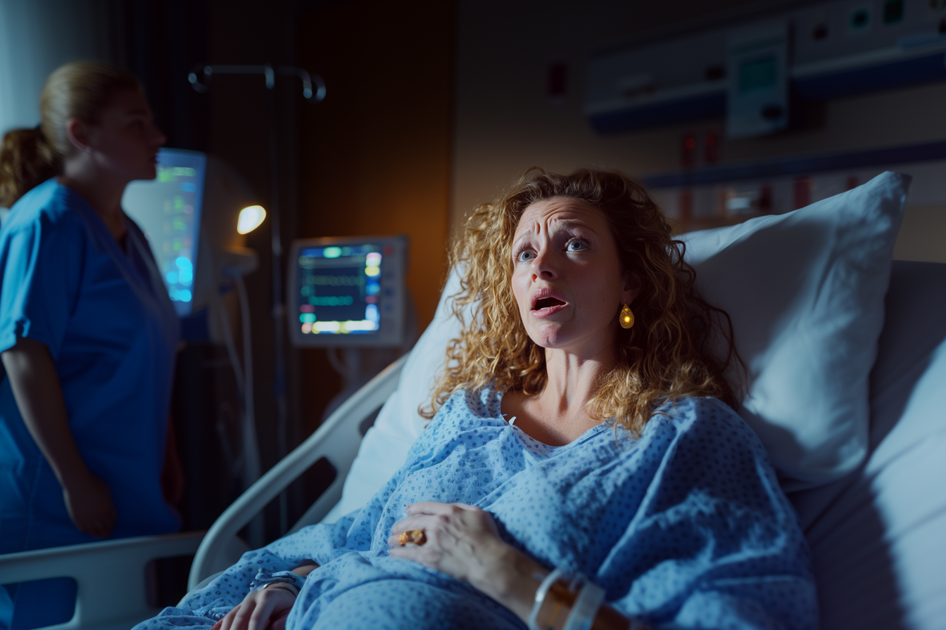 Uma mulher na casa dos 30 anos em um hospital, demonstrando dor durante o trabalho de parto | Fonte: Midjourney