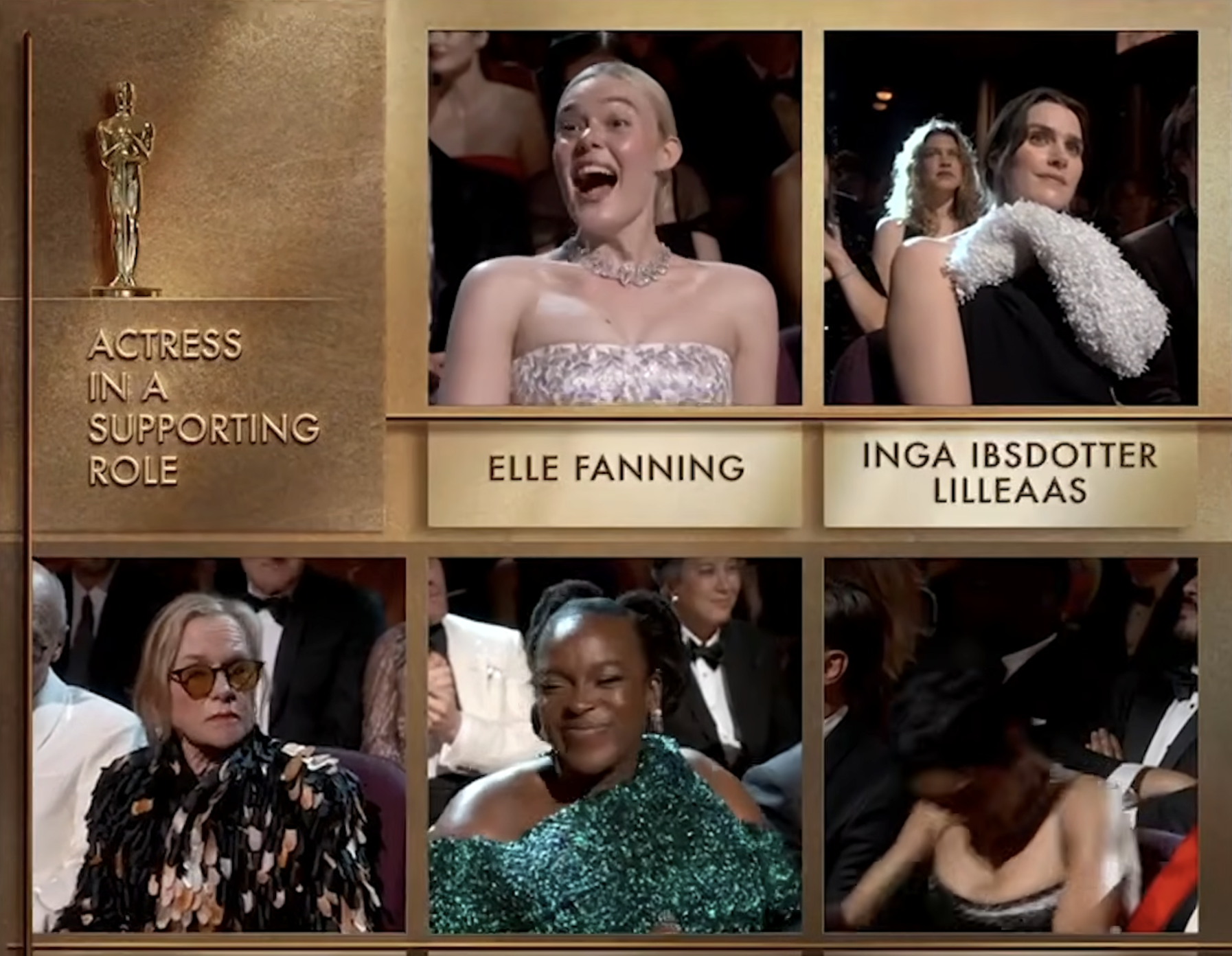 Amy Madigan looks on from the audience as the winner is revealed | Source: YouTube/ABCNews