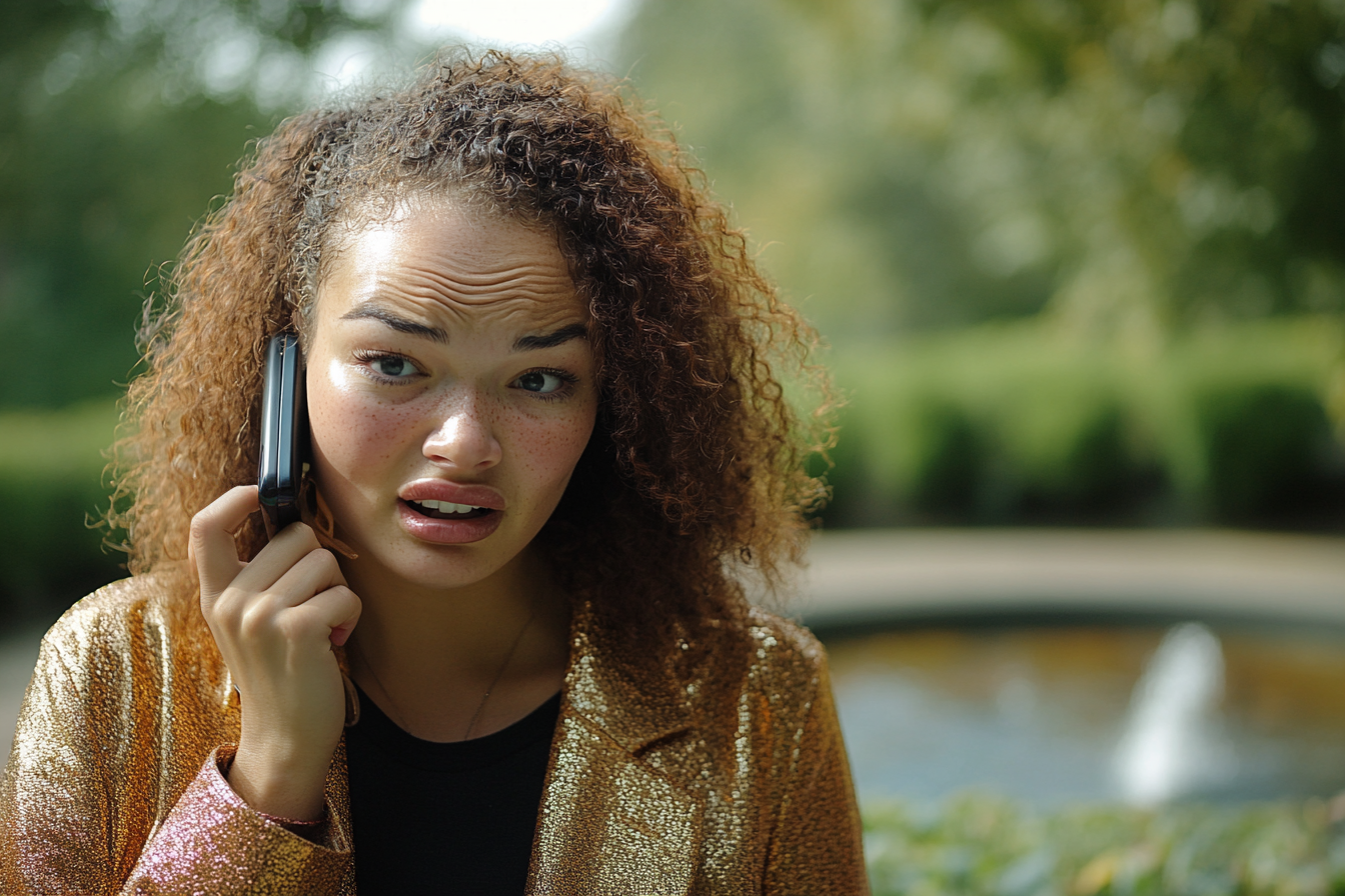 A flabbergasted woman speaking on her phone | Source: Midjourney