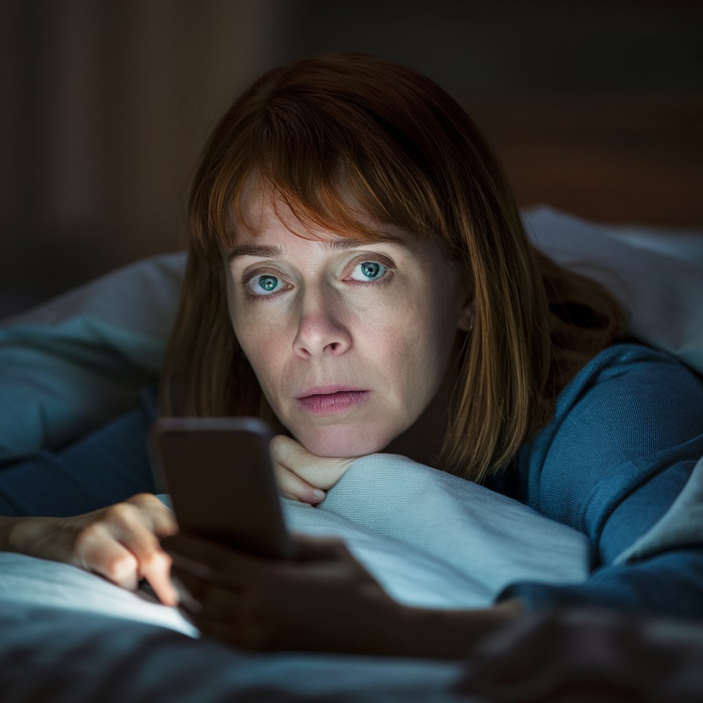 A woman looking at her phone late at night, concerned | Source: Midjourney