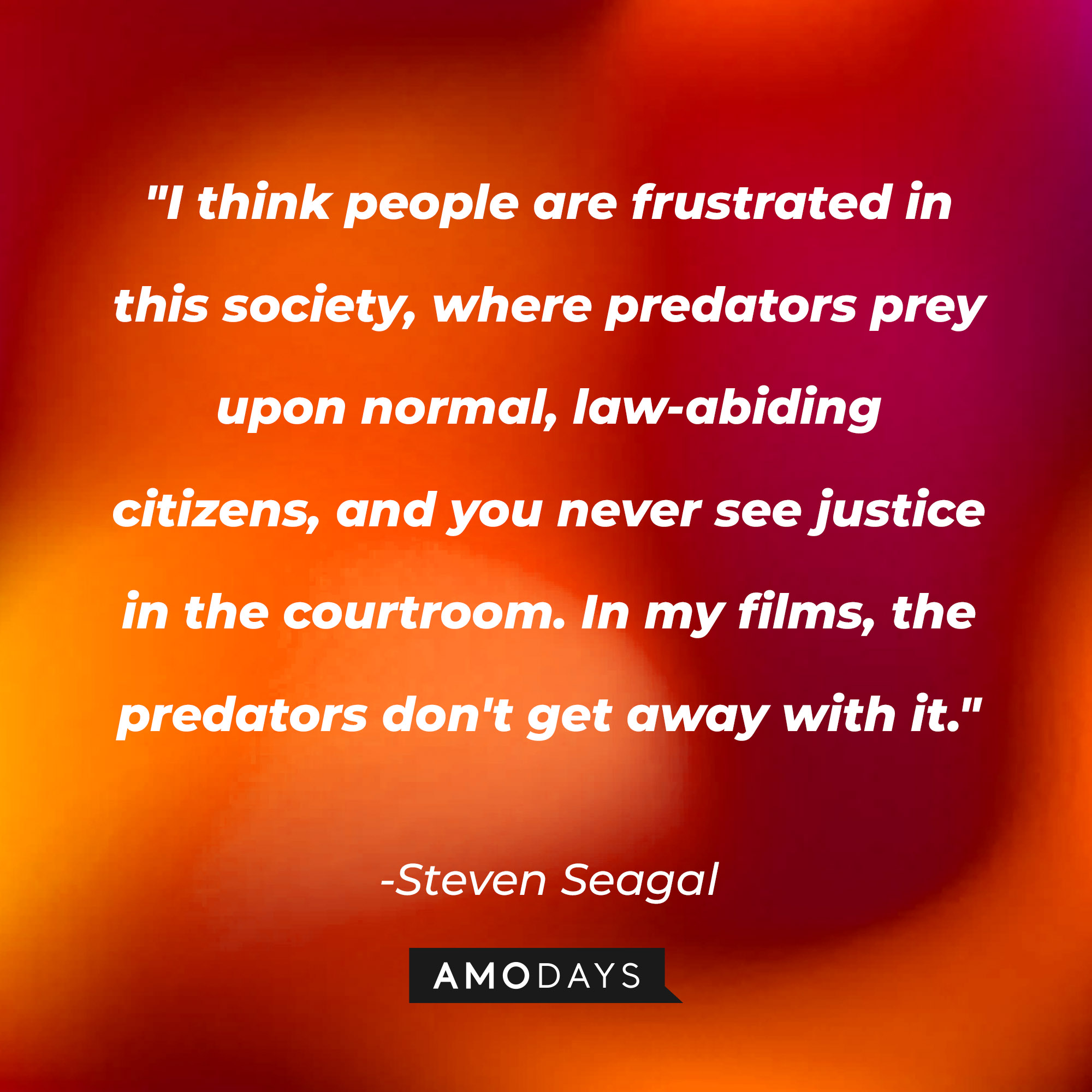 Steven Seagal’s quote: "I think people are frustrated in this society, where predators prey upon normal, law-abiding citizens, and you never see justice in the courtroom. In my films, the predators don't get away with it." | Image: AmoDays