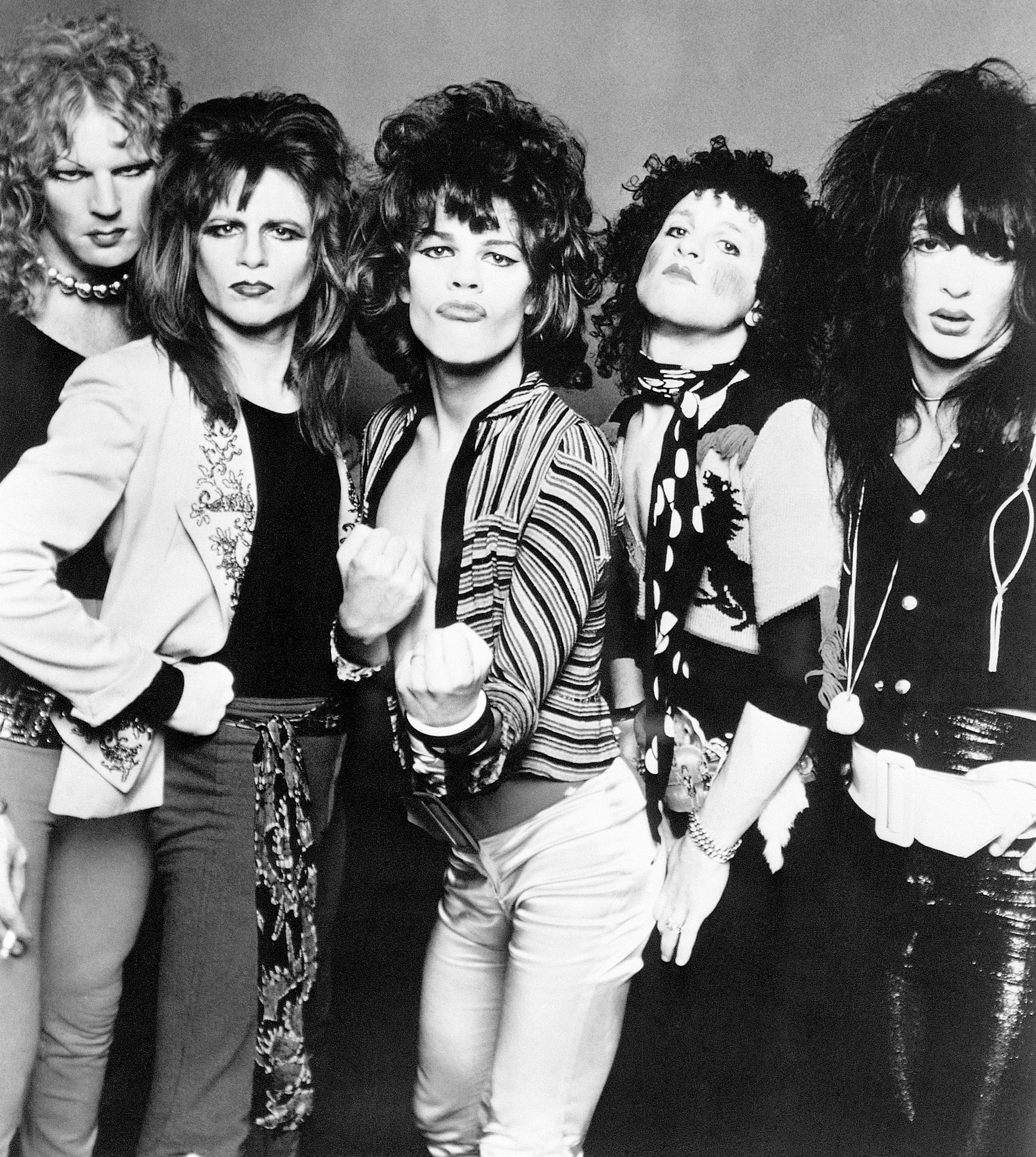 The New York Dolls Band in the mid-1960s. Left to right are: Arthur Kane, Jerry Nolan, David Johansen, Sylvain Sylvain, and Johnny Thunders. | Source: Getty Images