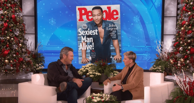 Blake Shelton talks to Ellen DeGeneres about his Grammy nomination and jokes about John Legend not being the "Sexiest Man Alive." | Source: YouTube/ TheEllenShow.