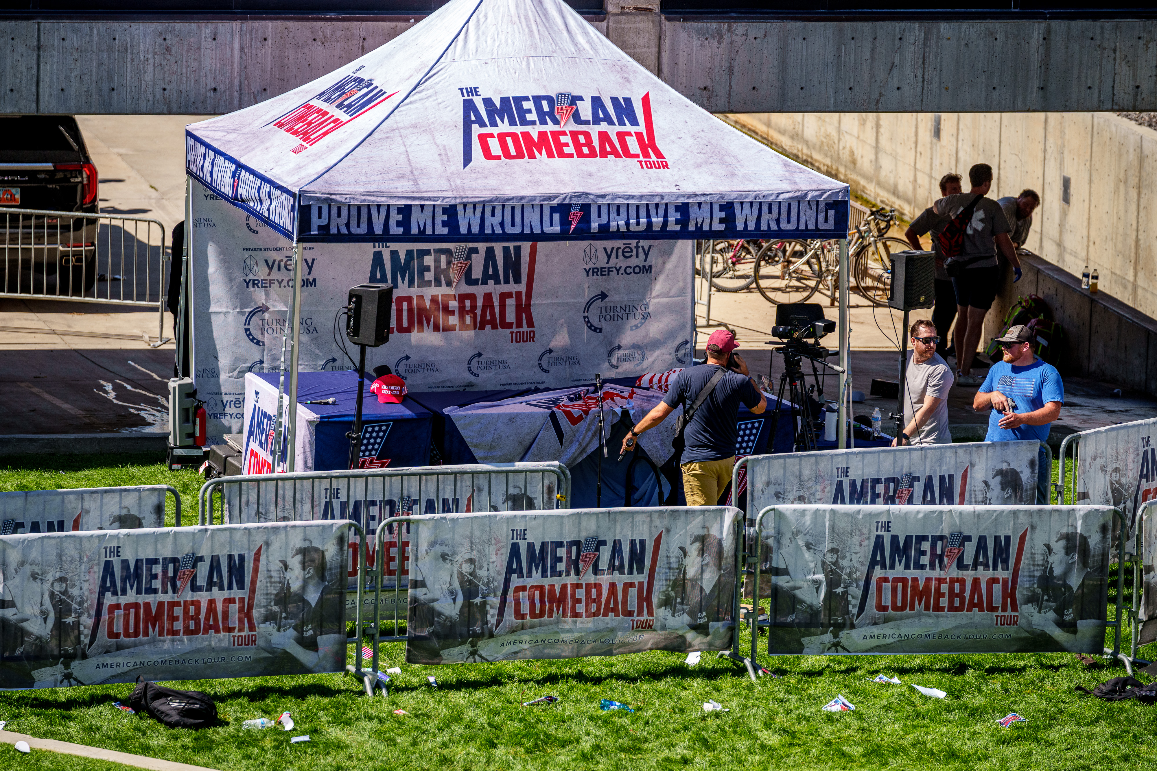 The stage area of Charlie Kirk's "American Comeback Tour" at Utah Valley University is left deserted after the shooting, on September 10, 2025 | Source: Getty Images