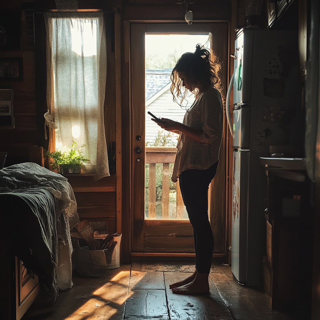 Woman standing in her kitchen typing on her phone | Source: Midjourney