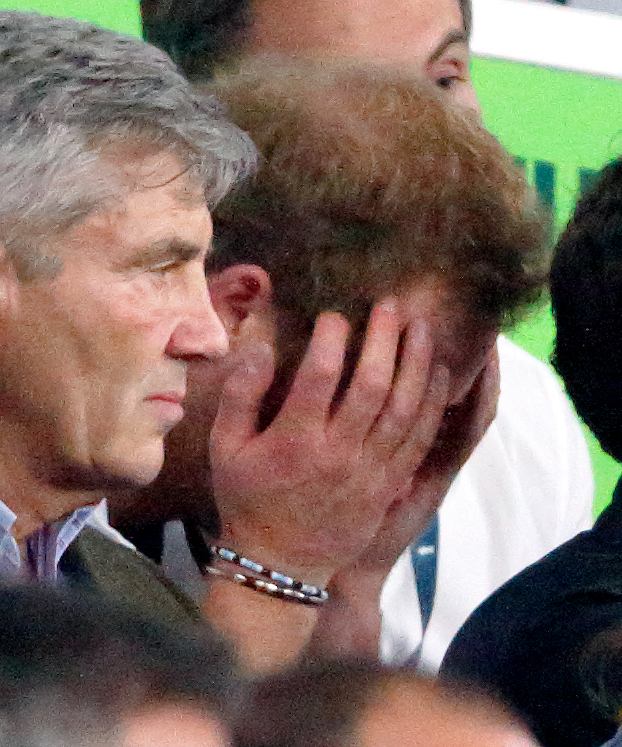 Prince Harry seen with his head in his hands during the England vs Australia match at the Rugby World Cup on October 3, 2015, in London, England | Source: Getty Images