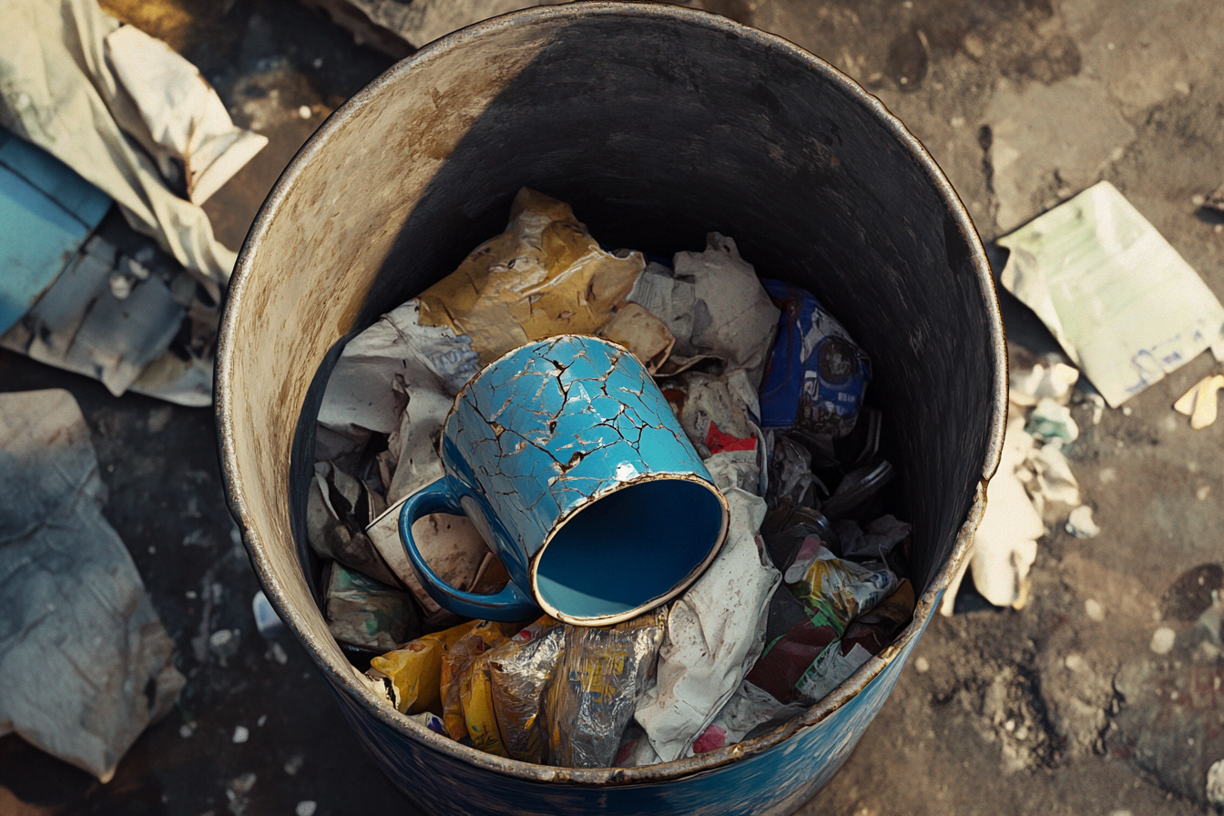 A broken blue ceramic coffee mug in a trash can | Source: Midjourney