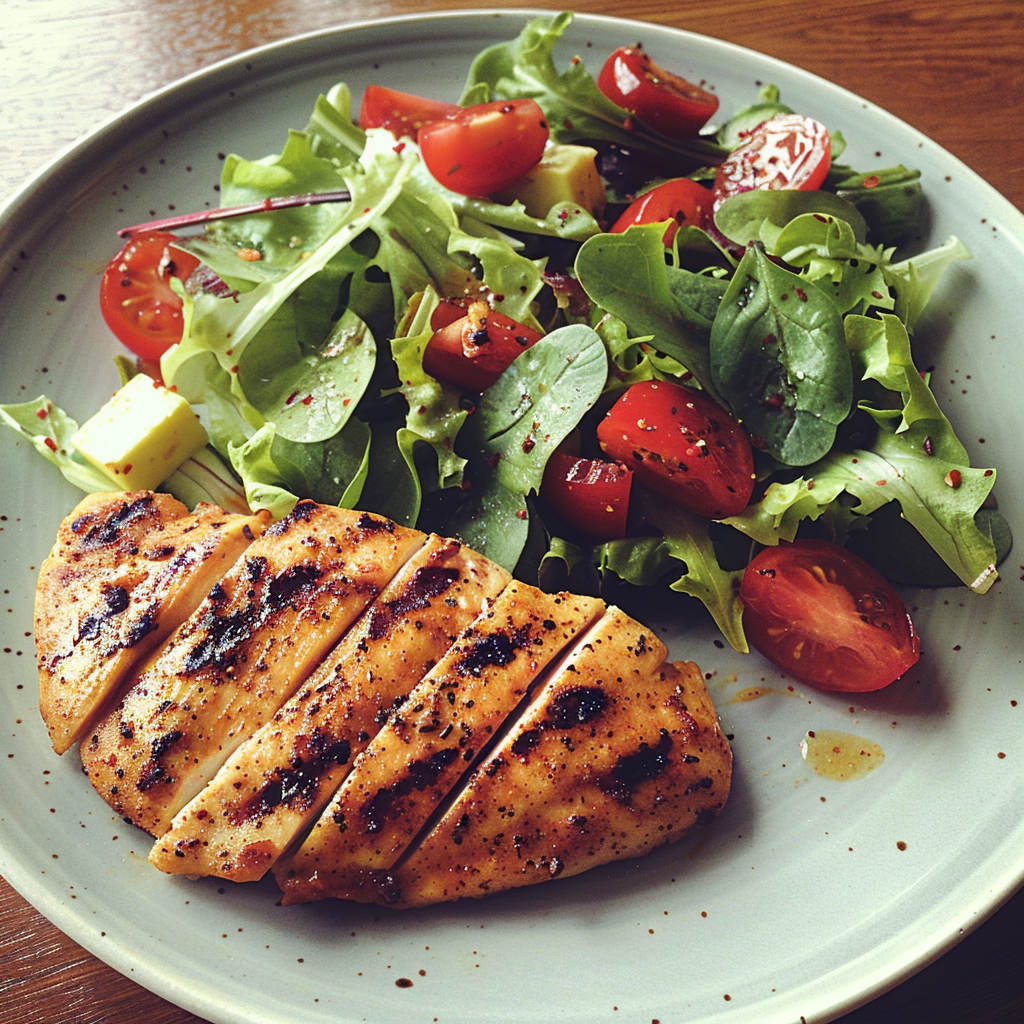 A plate of grilled chicken and salad | Source: Midjourney