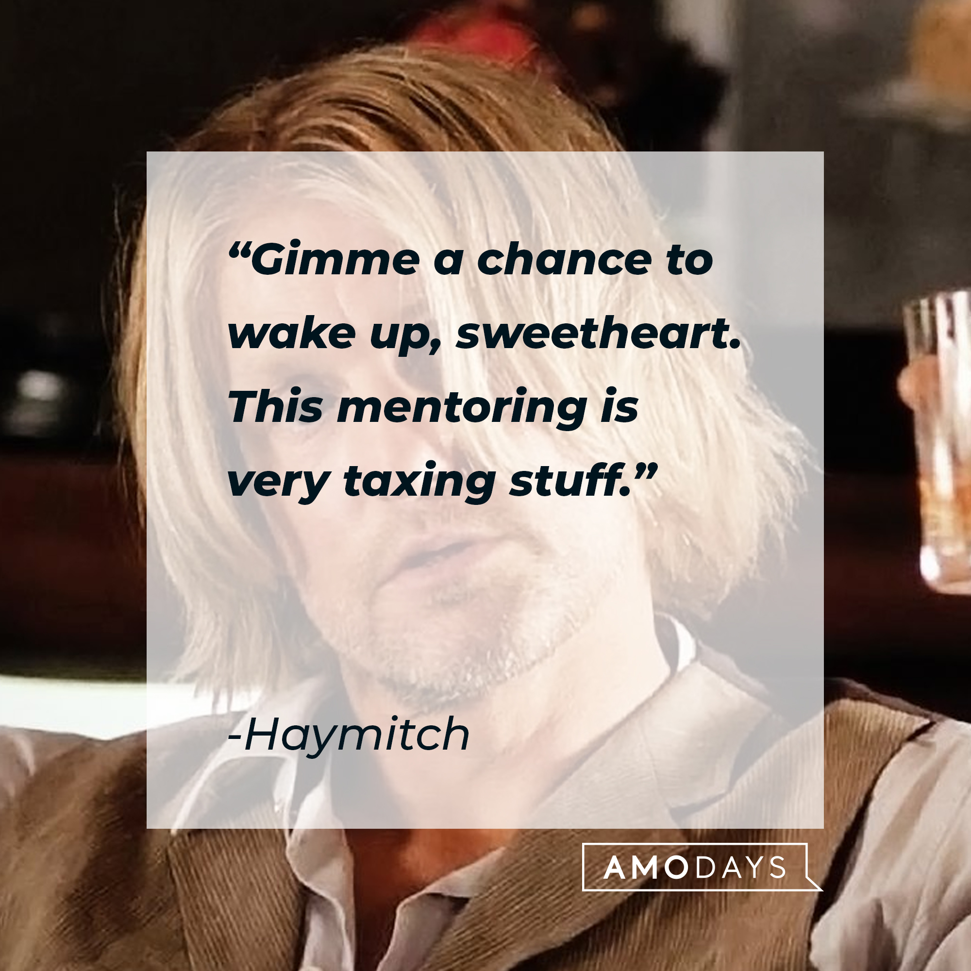Haymitch's quote: "Gimme a chance to wake up, sweetheart. This mentoring is very taxing stuff." | Source: facebook.com/TheHungerGamesMovie