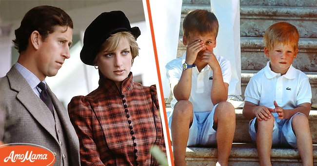 Ein Porträt von Prinz Charles und Prinzessin Diana [links]; Prinz William und seinem Bruder, Prinz Harry [rechts] | Quelle: Getty Images