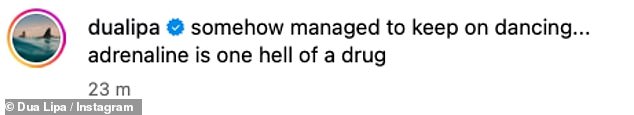 She captioned the post: 'Somehow managed to keep on dancing... adrenaline is one hell of a drug'.