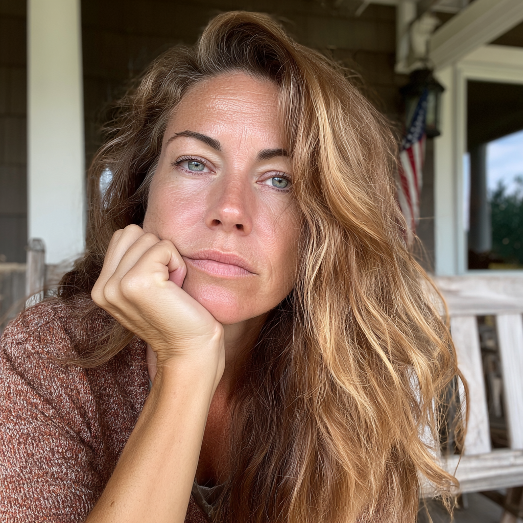 A pensive woman sitting on a porch | Source: Midjourney