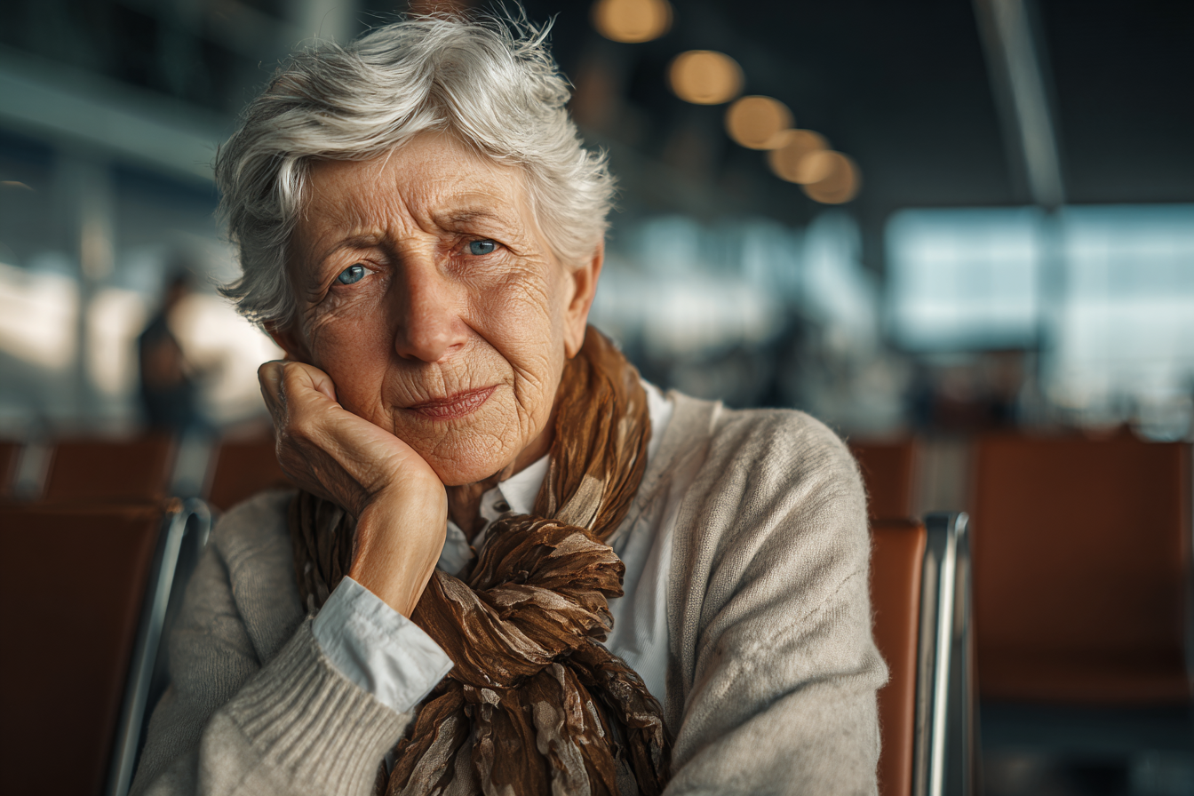 An older woman sitting in an airport | Source: Midjourney