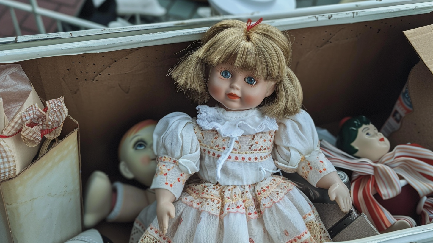 Doll in the box at flea market | Source: Midjourney