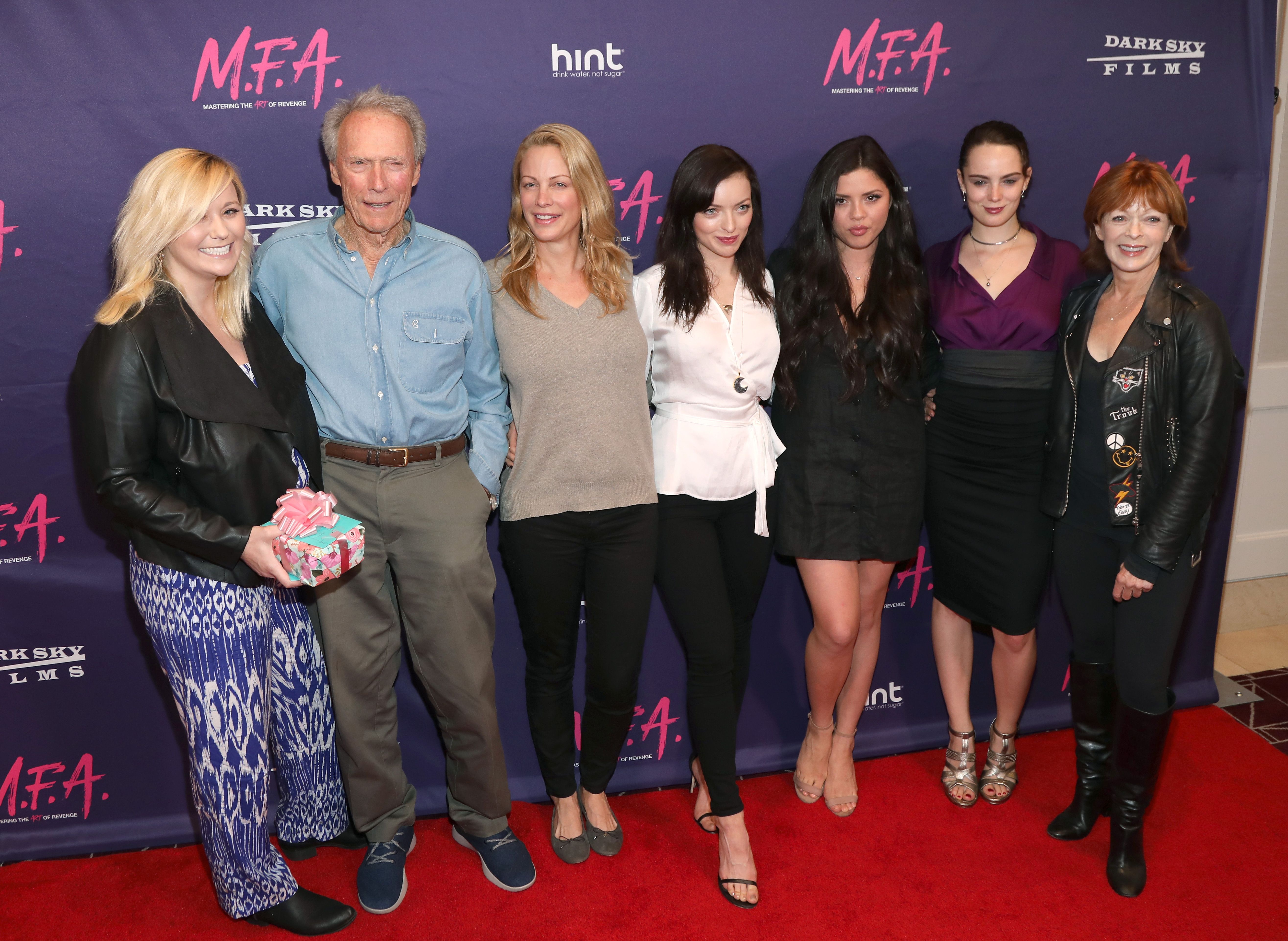 Kathryn Eastwood, Clint Eastwood, Alison Eastwood, Francesca Eastwood, Morgan Eastwood and Francis Fisher attend the Premiere Of Dark Sky Films' "M.F.A." at The London West Hollywood on October 2, 2017 | Photo: Getty Images
