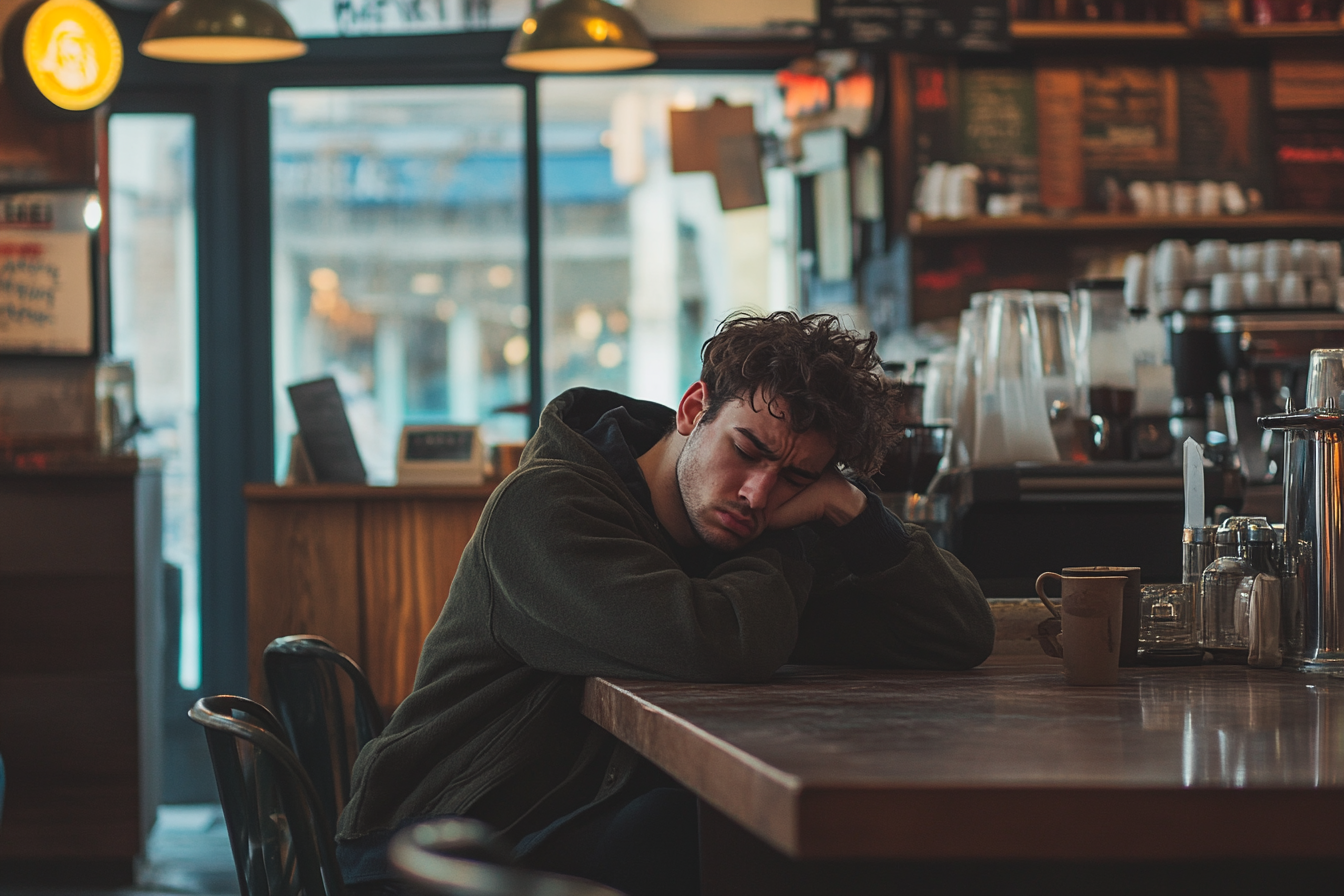 An exhausted man in a coffee shop | Source: Midjourney