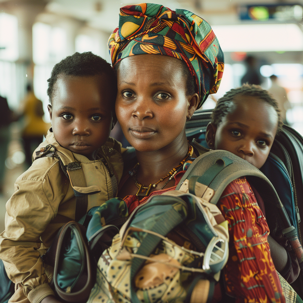 An unhappy woman with two children at the airport | Source: Midjourney